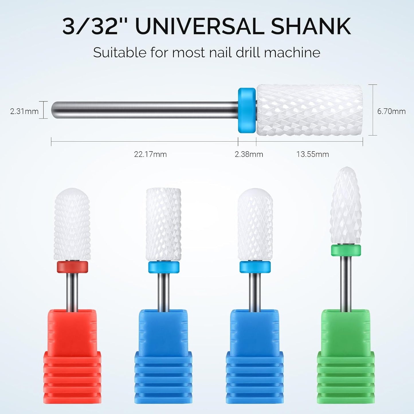 MelodySusie Ceramic Nail Drill Bits Set, 3/32'' (2.35mm) Professional Acrylic Nail File Drill Bit for Manicure Pedicure Cuticle Gel Nail Polishing 4 Pcs
