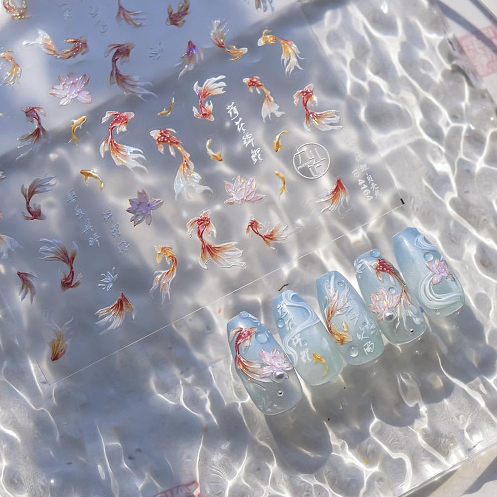 Goldfish Nail Art Stickers Sparkly Koi Fish Nail Stickers 5D Embossed Koi Lotus Lucky Red Self-Adhesive Nails Design Shell Light Goldfish Adhesive Slider for Women DIY Nails Art Decorations