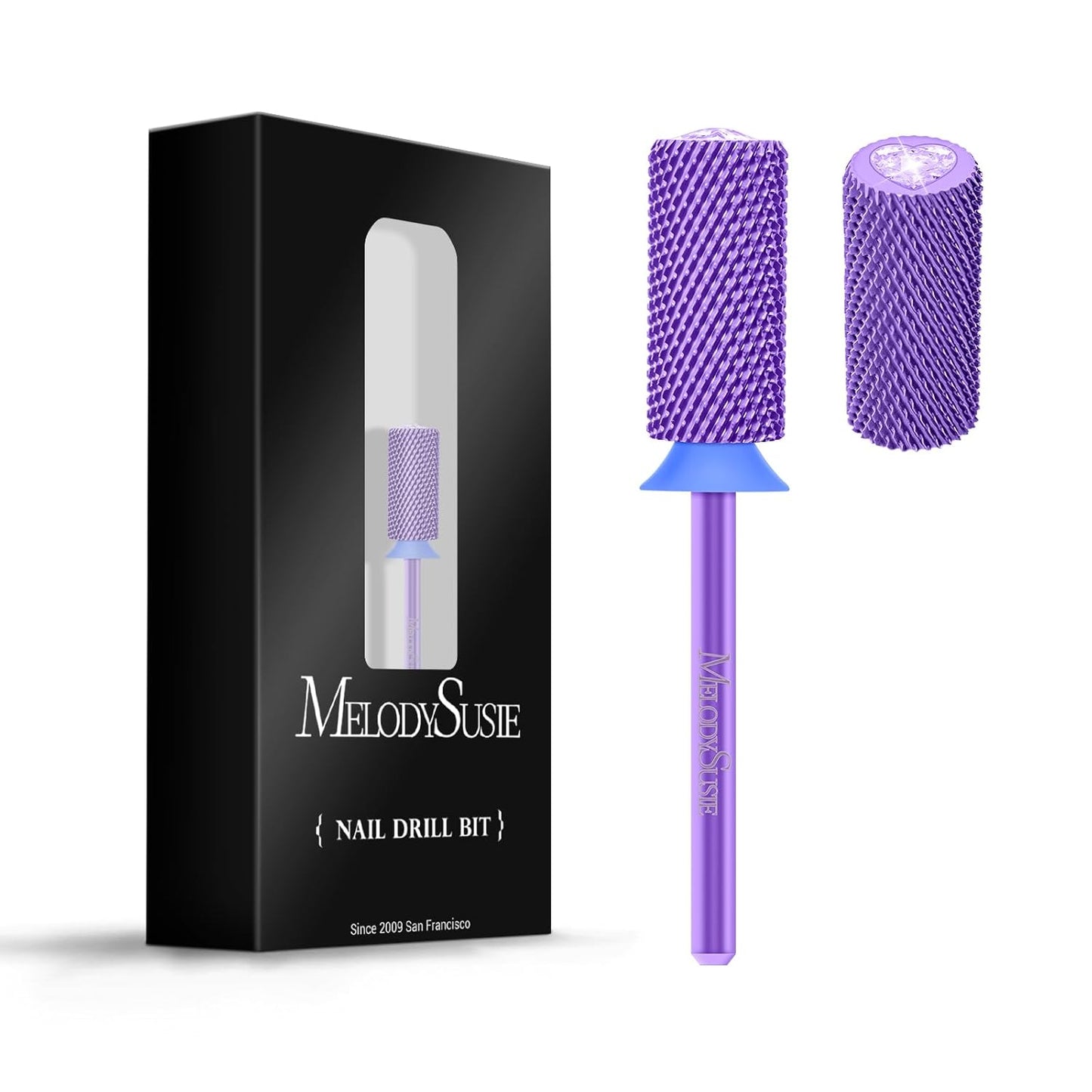 MelodySusie Large Barrel 3/32'' Tungsten Carbide Nail Drill Bit, Crystal Top Purple Heart Shape, Fast Remove Acrylic Gel, Cuticle Gel Polishing for Manicure Pedicure, Purple, Series Bit-S, Medium