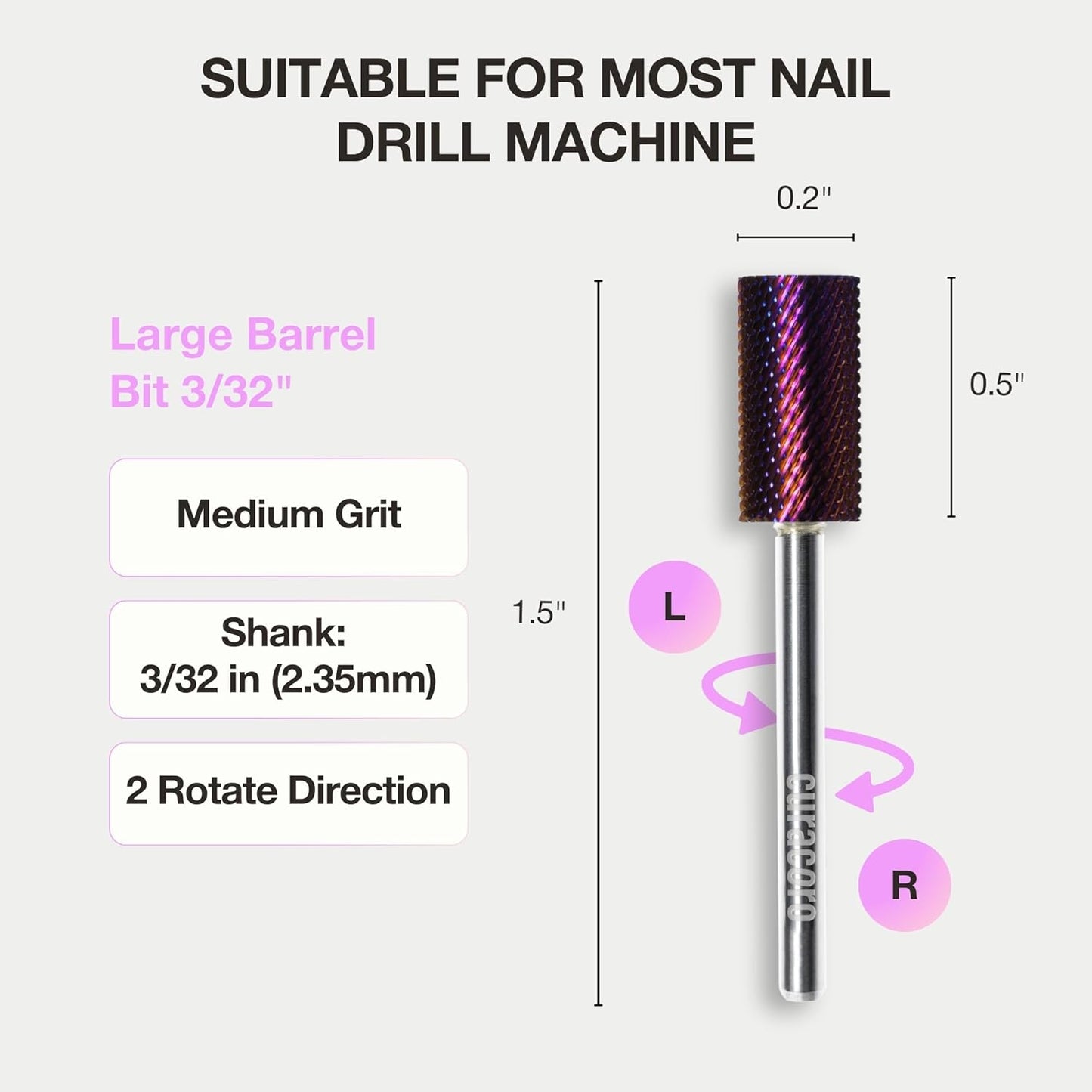 Curacoro Nail Drill Bits 3/32'' - Safe Smooth Stop Large Barrel Carbide Bit (Medium) for Professional Finish, Fast Remove, Refine & Smooth Acrylic or Gel Nails, Nail Art Pedicure Manicure Salon & Home