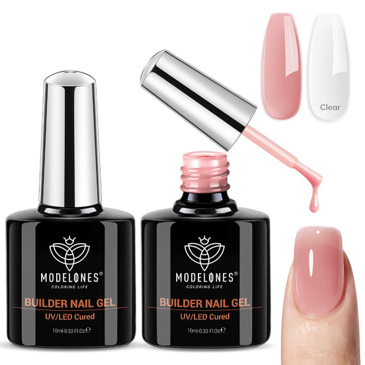 modelones Builder Nail Gel, 2 Pcs Clear and Rose Nude Pink Builder Nail Polish for Thickening Apex Building 8-in-One Rubber Color Base Polish Strengthener Extend Gel LED Lamp Cured 10 ml DIY Salon