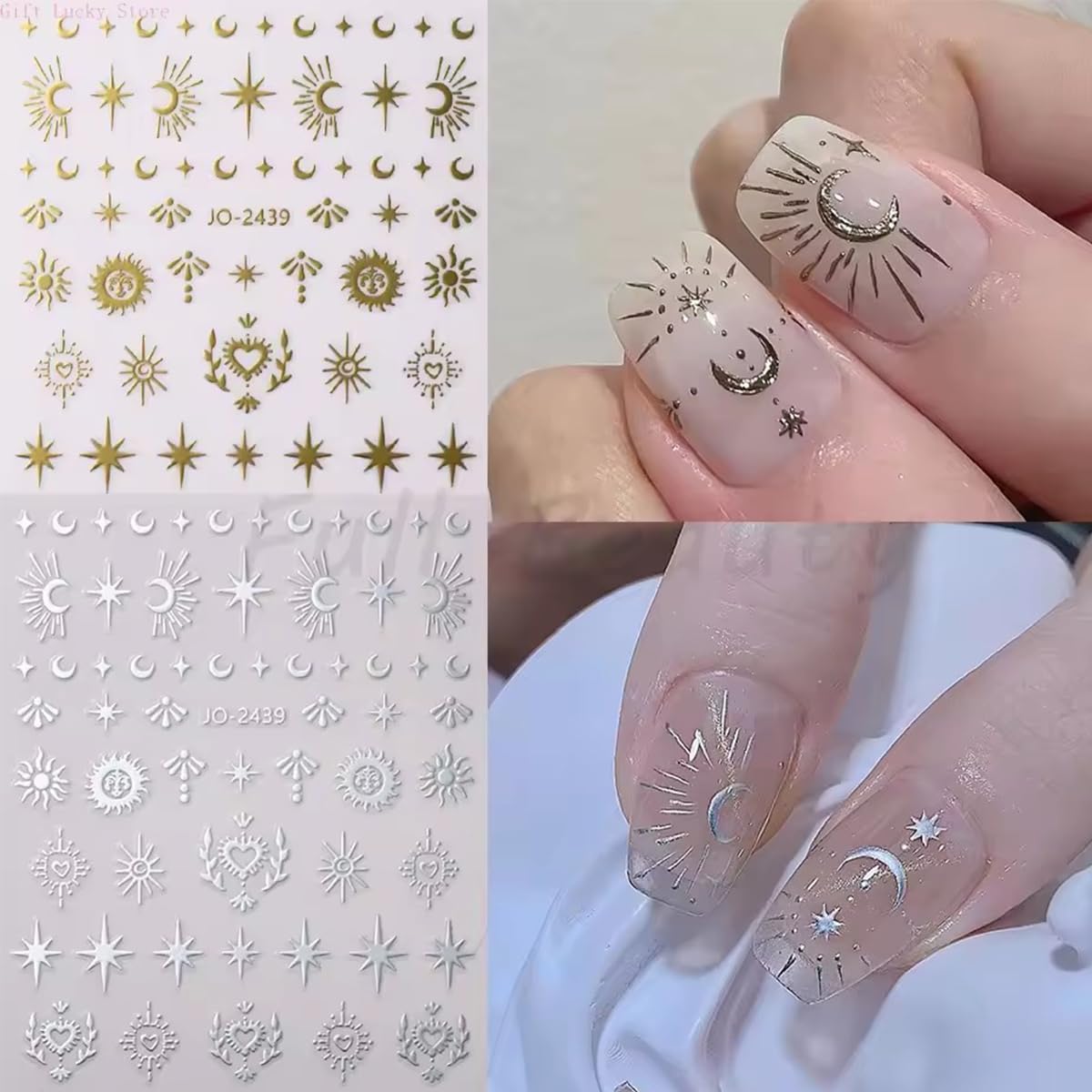 Star Nail Stickers 6 Sheets Gold Silver Nail Decals Sun Star Moon Nails Design Supplies Self-Adhesive 3D Nail Art Stickers for Women DIY Manicure Tips Decorations