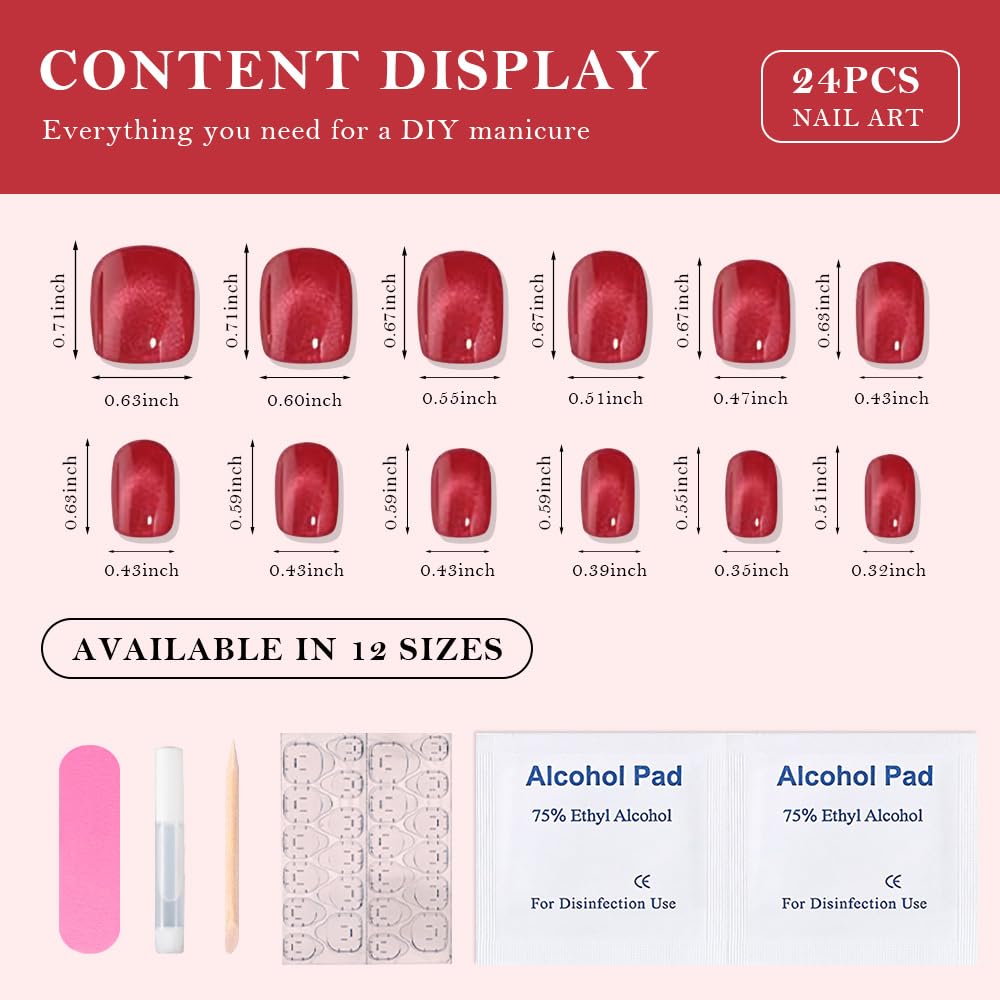 evpct Red Cat Eye Extra Short Press on Nails Square, Petite Short Square Glue on Nails for Women Gift, Real Red Metallic Glitter Glossy Reusable Stick Gel Press on Acrylic Fake Nail with Designs