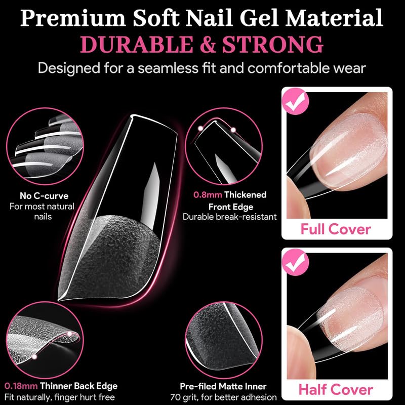 Medium Coffin Fake Nail Tips, 15 Sizes 240 PCS Clear Half Matte Press On False Nail Tips Pre-shaped Half Soft Cover Gel Nail Tips Extensions Thick Long Lasting for DIY Beginners & Salon Manicure