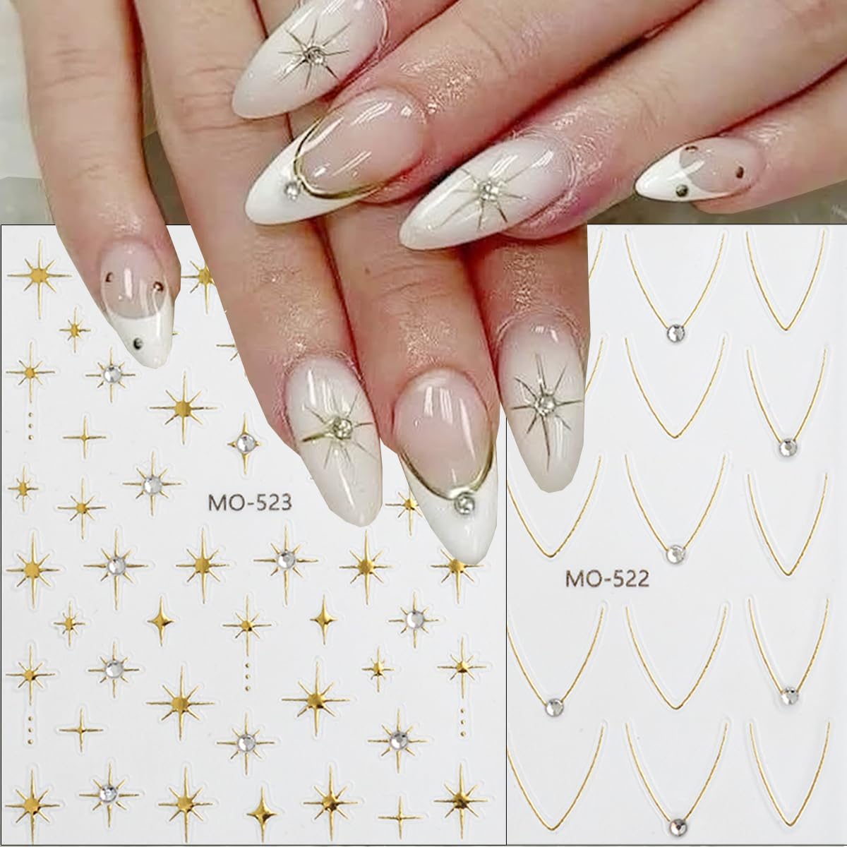 4Pcs Glitter Star Nail Stickers French Tip Nail Art Stickers with Rhinestones Design Star Sticker Gold Silver French Stars Nails Decals DIY Starlight Nails Supplies for Women Frenchs Manicure Charms