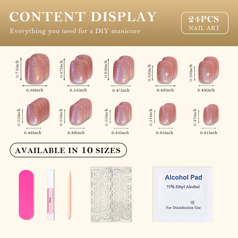 evpct Ndue Pink Cat Eye Short Press on Nails Square, Short Square Glue on Nails for Women Gift, Iridescent Colorful Metallic Glitter Glossy Reusable Stick Gel Press on Acrylic Fake Nail with Design