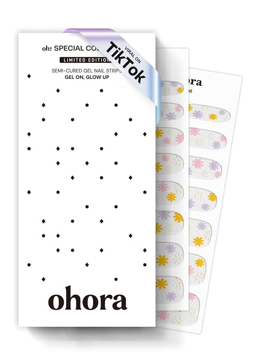 ohora Semi Cured Gel Nail Strips (N Daisy Disco) - Rainbow, Works with Any UV/LED Lamps, Salon-Quality, Long Lasting, Easy to Apply & Remove - Includes 2 Prep Pads, Nail File & Wooden Stick