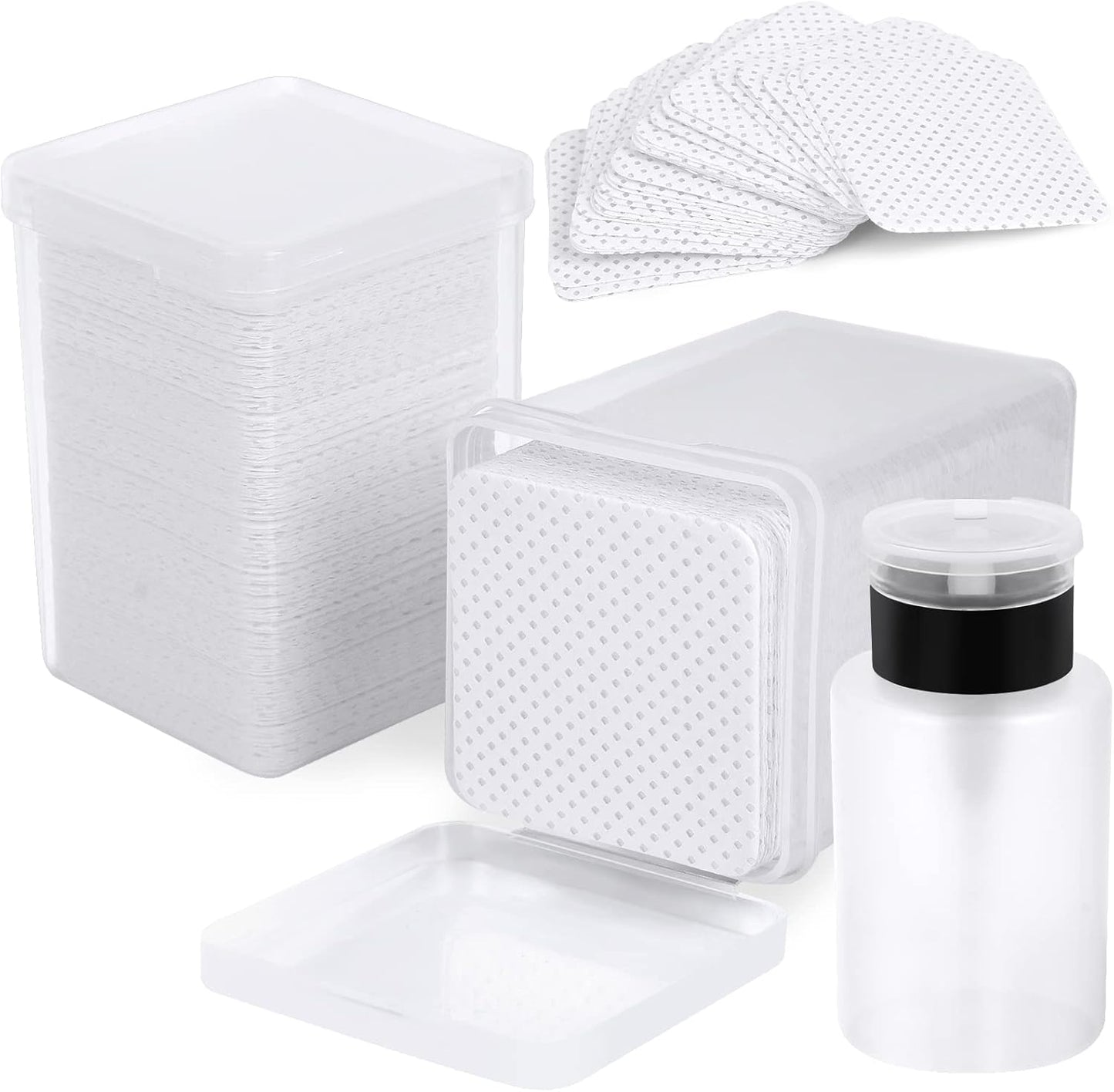400 Pieces Nail Cotton Pads,1 Pull-Down Pump Dispenser Bottle, Super Absorbent Soft Non-Woven Eyelash Glue Wipes, Nail Polish dehumidifier for Eyelash Extension Products and Nail Oil Bottle (White)