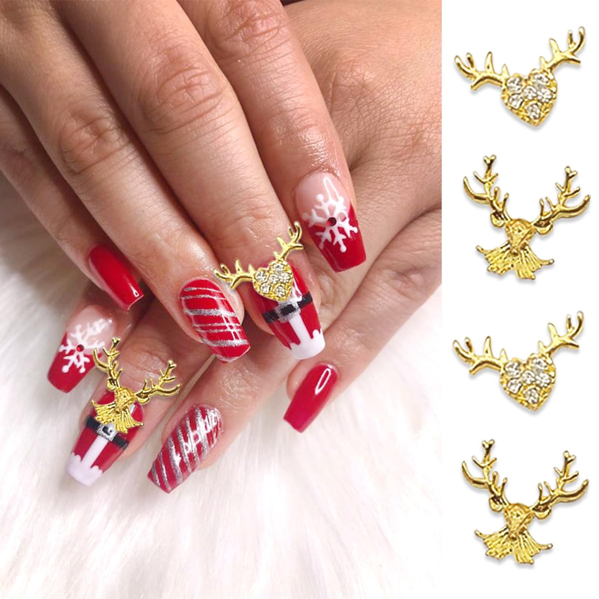 17Pcs Christmas Nail Charms Gold 3D Alloy Reindeer Snowflake Santa Claus Nail Art Charms Shiny Red Green Nail Rhinestones Bling Winter Nail Gems Xmas Gift Nail Supplies for Women Luxury Crystal DIY