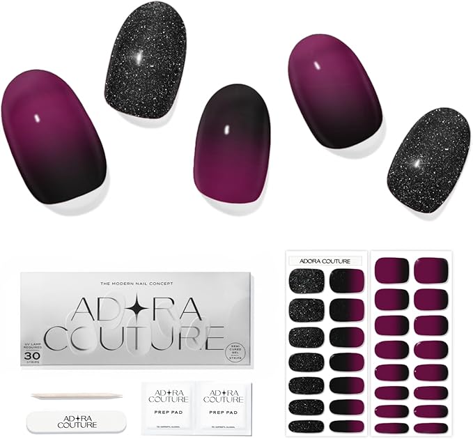 Semi Cured Gel Nail Strips with 30 Pieces - Salon Quality Manicure Kit for Women Easy Application Wraps Includes Prep Pads Nail File Wooden Stick, UV Light Required (Purple LA)