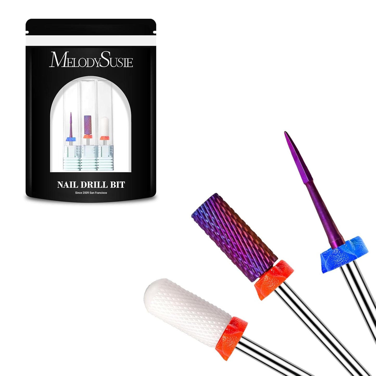 MelodySusie 3Pcs Nail Drill Bits Set, 3/32'' Tungsten Ceramic Bits, Flame Hexagon, Flat Top Small Barrel and Smooth Top Large Barrel Bits, Suitable for Manicure Pedicure Cuticle Gel Acrylic Remover