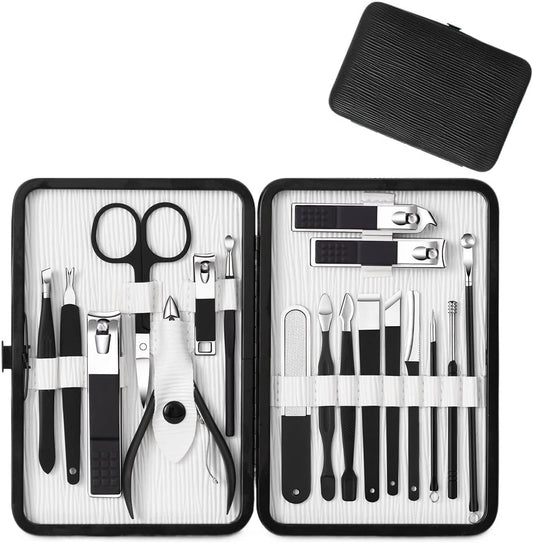 Multifunction Nail Clipper Set Pedicure Cutter Nail File Scissors Kit with Travel Case Stainless Steel Blue Manicure Set Tools (Color : 18pcs-Black)
