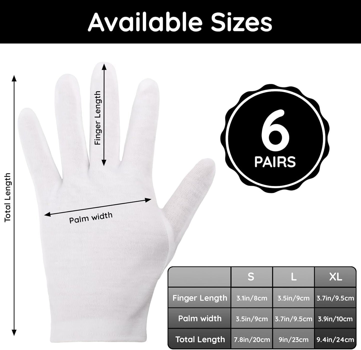 Segbeauty 12 Counts Extra Large Moisturizing Gloves Overnight, Thickened White Cotton Gloves for Dry Hand SPA, 6 Pairs Larger Overnight Lotion Sleep Gloves Women and Men, Washable Hand Gloves for Work