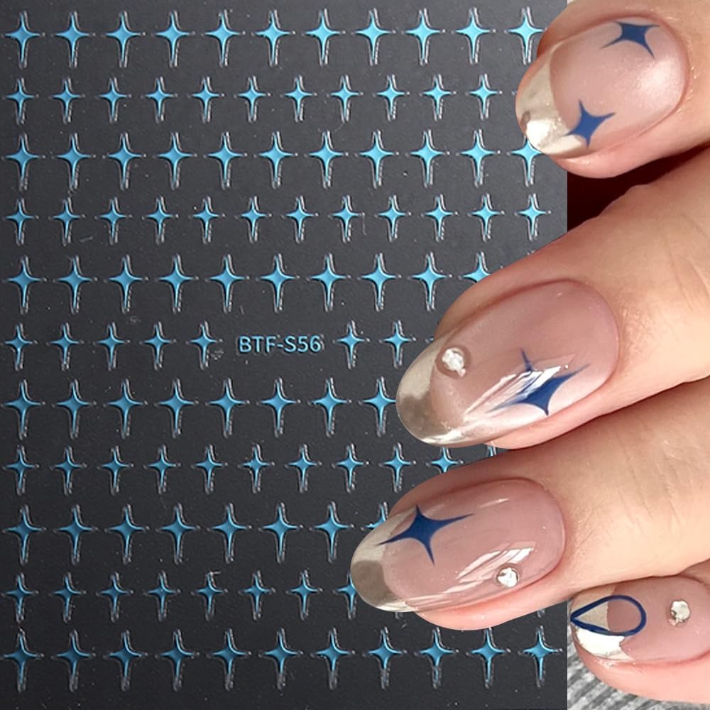 Nail Stickers - Blue Green Star Rhinestone, Minimalist Design, Self-Adhesive for Nail Art A Set of 2 Sheets