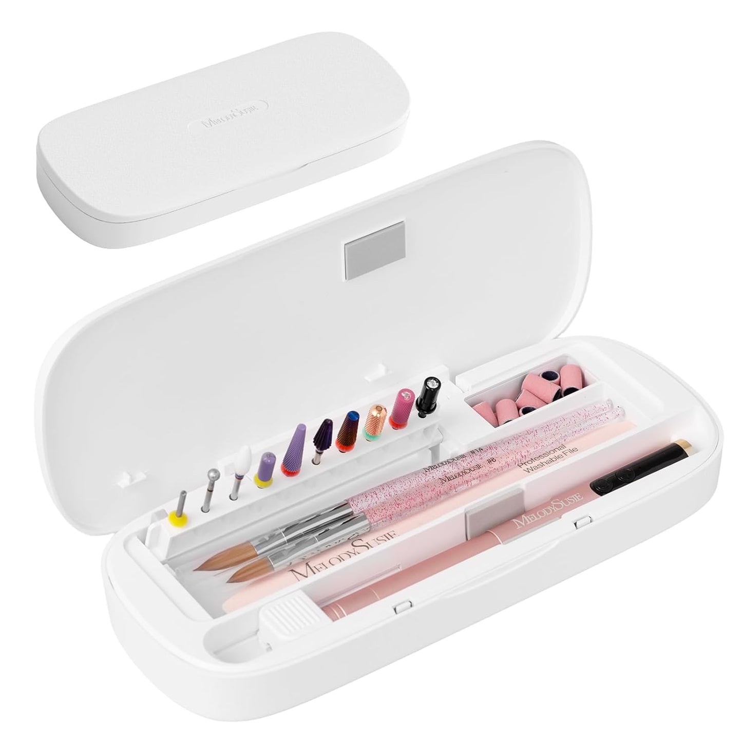 [2025 Upgraded]MelodySusie Acrylic Nail Tool Storage Box,Portable Dustproof Stand Displayer Holder Organizer Container Manicure Efile Accessories Nail Drill Kit Case,Travel Salon Home,White(Only Box)