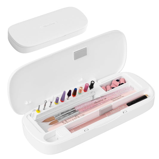 [2025 Upgraded]MelodySusie Acrylic Nail Tool Storage Box,Portable Dustproof Stand Displayer Holder Organizer Container Manicure Efile Accessories Nail Drill Kit Case,Travel Salon Home,White(Only Box)