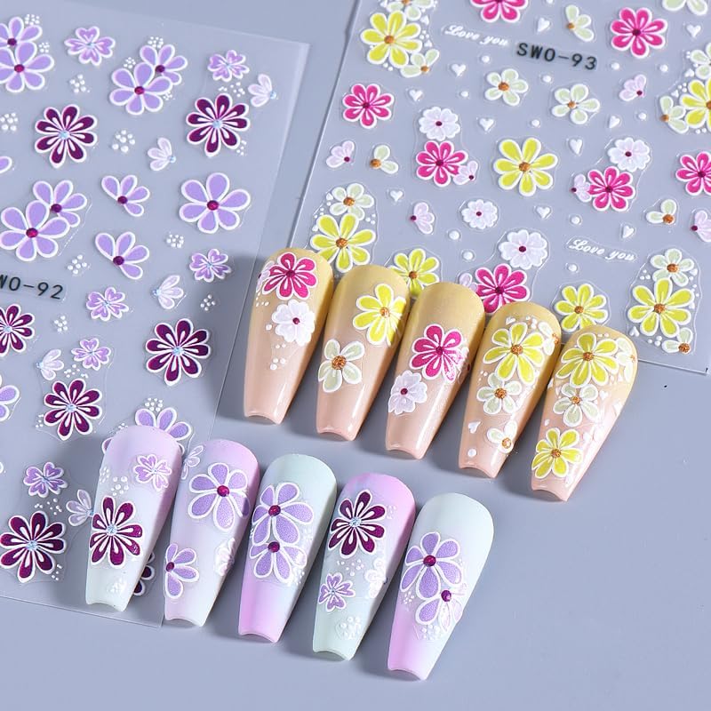 3 Sheets Colored Daisy Nail Art Stickers 3D Self-Adhesive Golden Hot Stamping Butterflies Design Spring Cherry Blossom Nail Decals for Women Girls Summer DIY Manicure Decoration