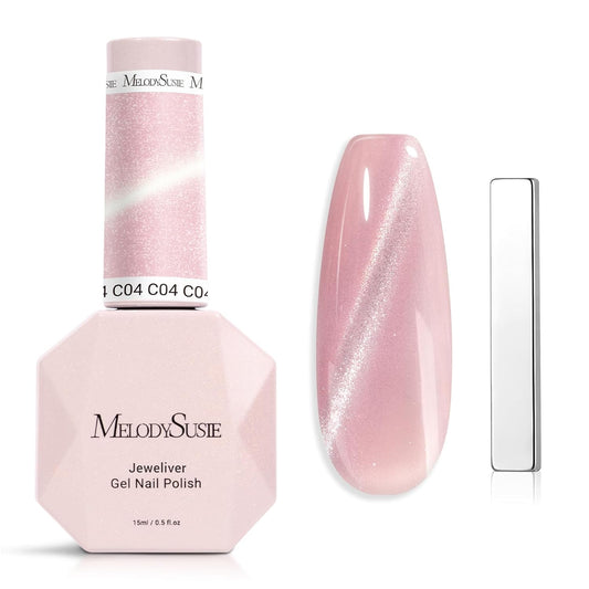 MelodySusie Jeweliver Cat Eye Gel Nail Polish, 0.5 Fl Oz Pink Glitter Holographic Magnetic Nail Polish with Magnet, UV Nail Polish for Nail Art Manicure Salon DIY at Home C04