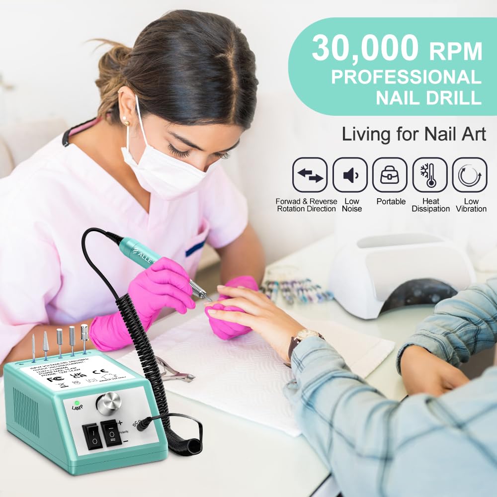 Professional Nail Drill Machine 30000 RPM Efile Electric Nail Filer Kit for Finger Toe Nails, Acrylic Gel Dip Nails, Manicure Pedicure Drill with 6Pcs Bits and 106Pcs Sanding Bands, Green