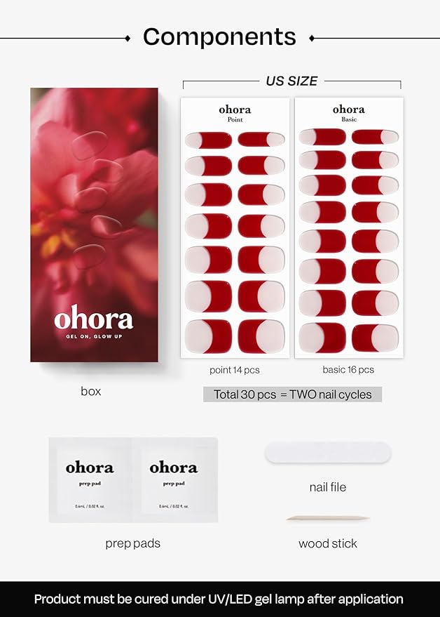 ohora Semi Cured Gel Nail Strips (N Ruby French) - Red, French, Works with Any UV/LED Lamps, Salon-Quality, Long Lasting, Easy to Apply & Remove - Includes 2 Prep Pads, Nail File & Wooden Stick