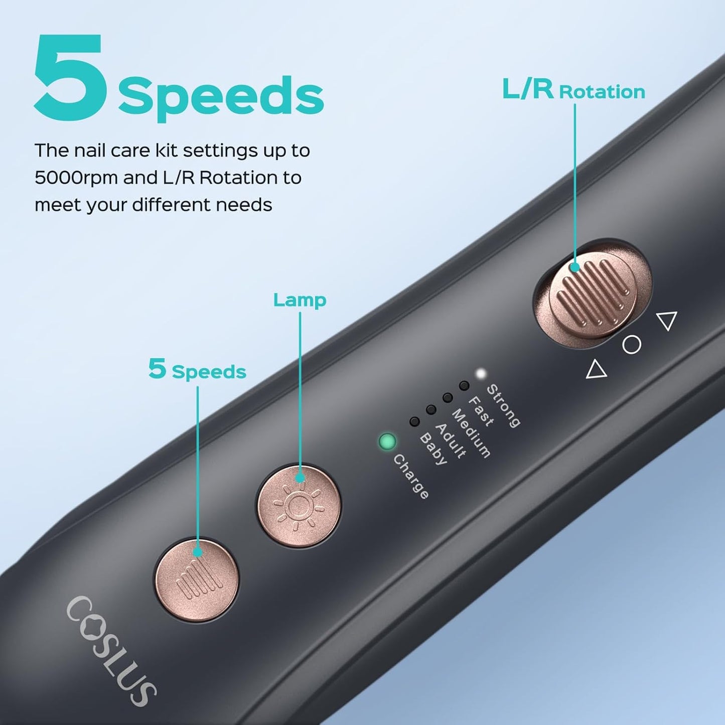 COSLUS Professional Manicure Pedicure Kit: Electric Cordless Nail File Set, 5 Speed Rechargeable Nail Drill Machine for Thick Nails, Toenail Grinder Cuticle Trimmer Hand Foot Callus Remover Nail Tool