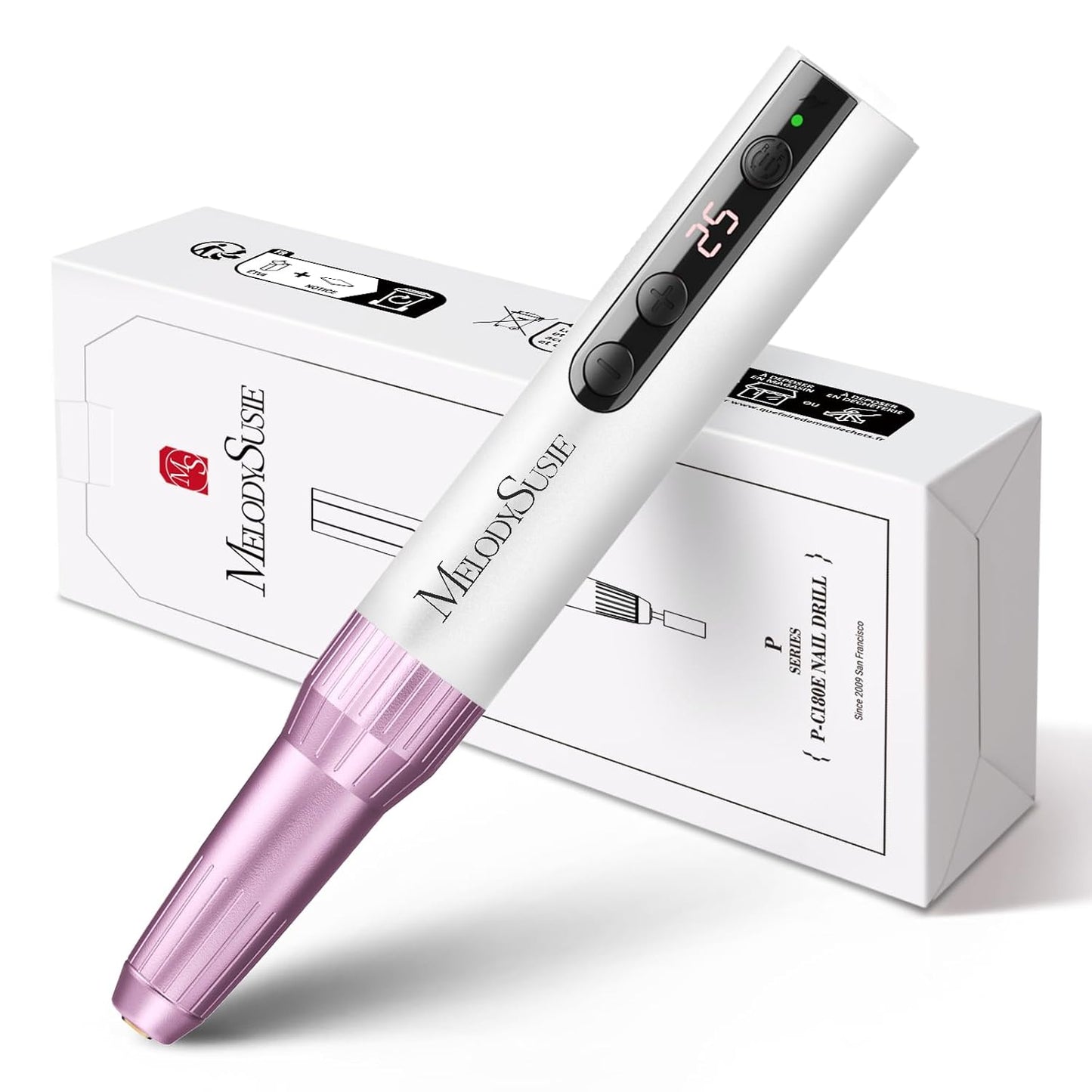 MelodySusie Pen-Shaped Portable Cordless Nail Drill, PC180E 25000RPM Rechargeable Electric File with LED Display for All Nail Care, Manicure Shaping & Acrylic Gel Removal for Nail Artists DIY at Home