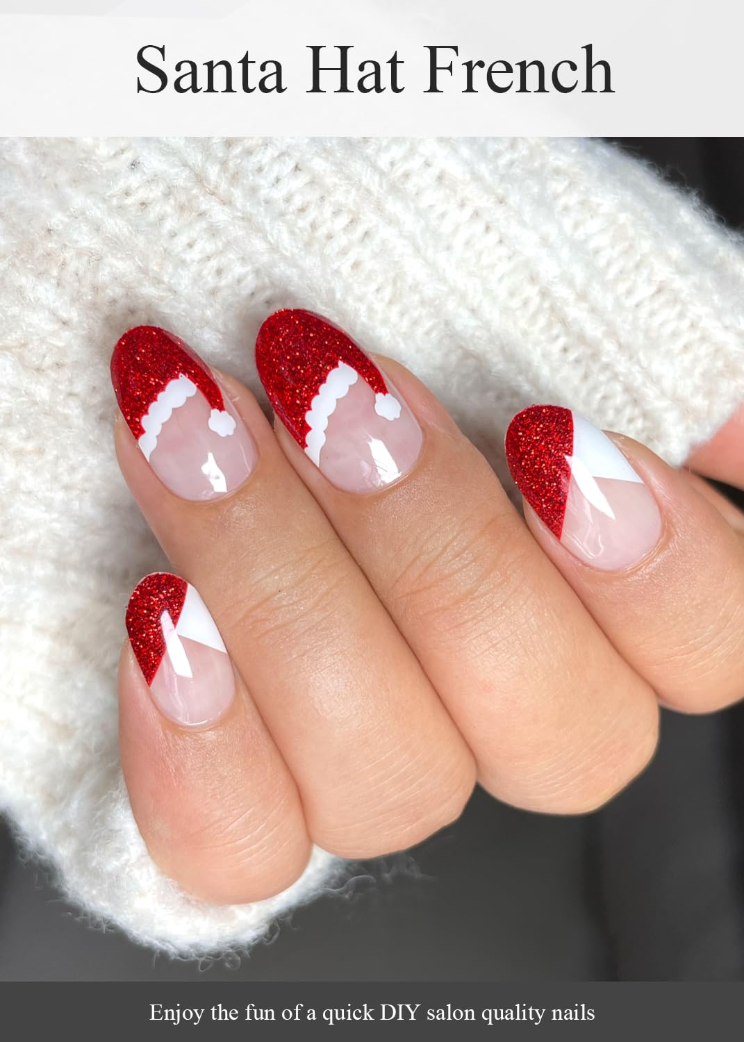 Semi Cured Gel Nail Strips (Santa Hat French), Red Glitter, 20 Pcs Christmas Gel Nail Wraps, Stickers, UV Light Required, Salon Quality