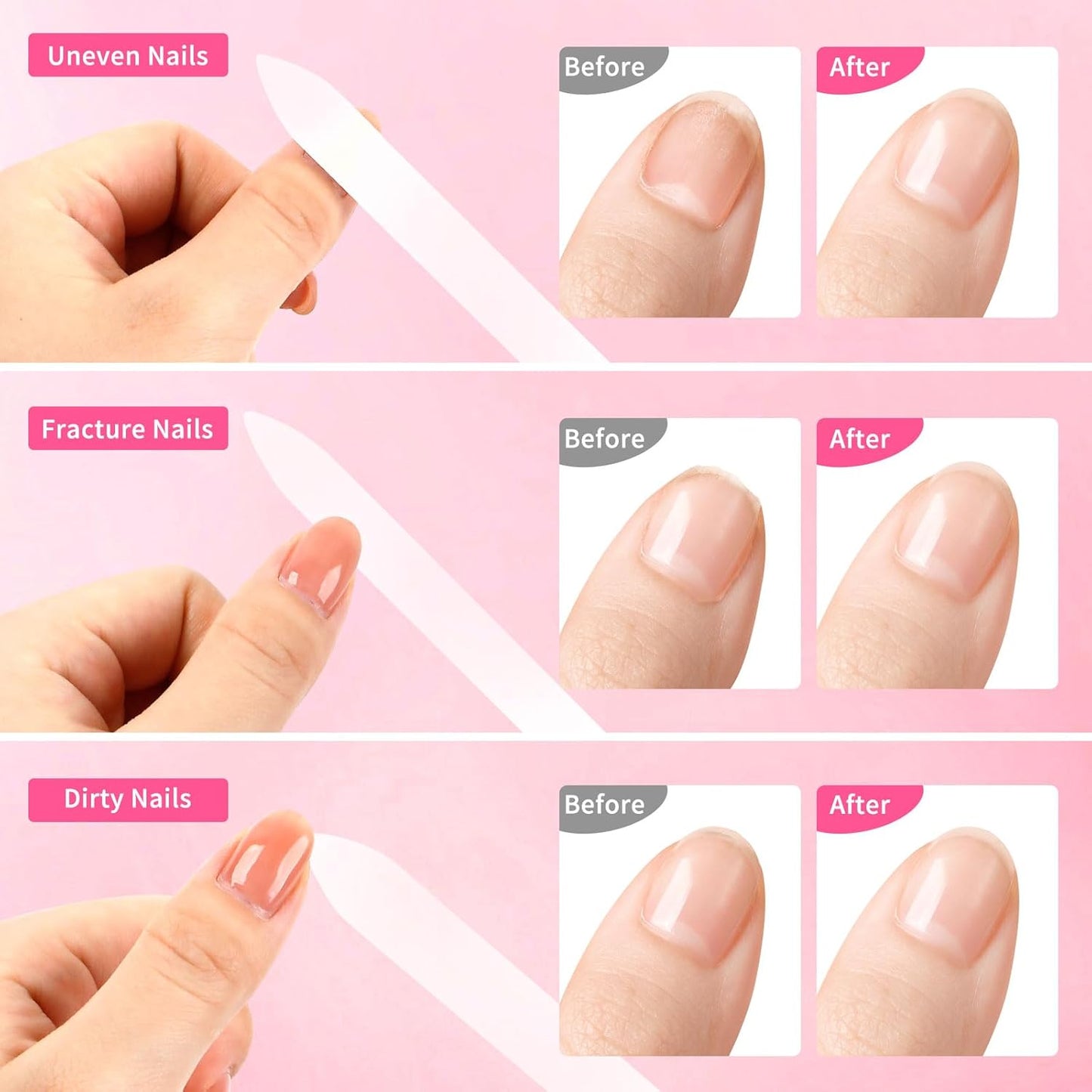 Glass Nail File, Double Sided 180/320 Grit Glass Nail Files with Case, Finger Nail Files for Women, Glass Nail File for Natural Nails, Fingernail File, Crystal Nail File, Pedicure Nails, Pink