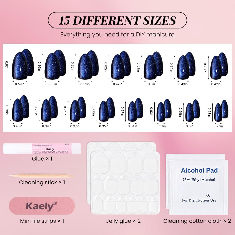 evpct Dark Blue Press on Nails Almond Short, Sapphire Royal Blue Cat Eye Glitter Press on Nails for Women Gift, Soft Gel Press Glue On Nail with Nail Glue, 60Pcs Reusable Acrylic Fake Nails Kit