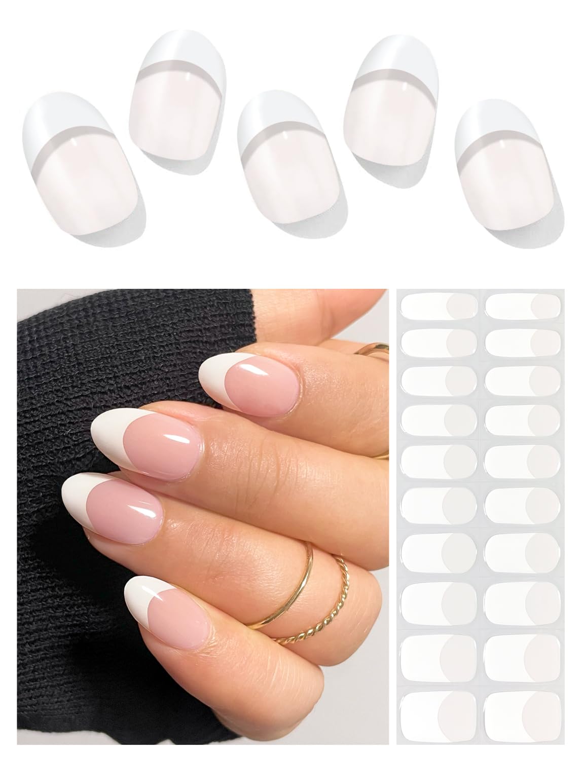 Semi Cured Gel Nail Strips (Classic French), White French Tip, 20 Pcs Gel Nail Wraps, Stickers, UV Light Required, Salon Quality, Long Lasting