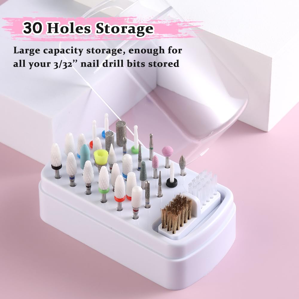 2 in 1 Nail Drill Bits Holder and Nail Drill Bits Cleaner Brush Case, 30 Holes Dustproof Stand Display Organizer Container with Steel Wire & Nylon Double Brush Manicure Drill Clean Tools