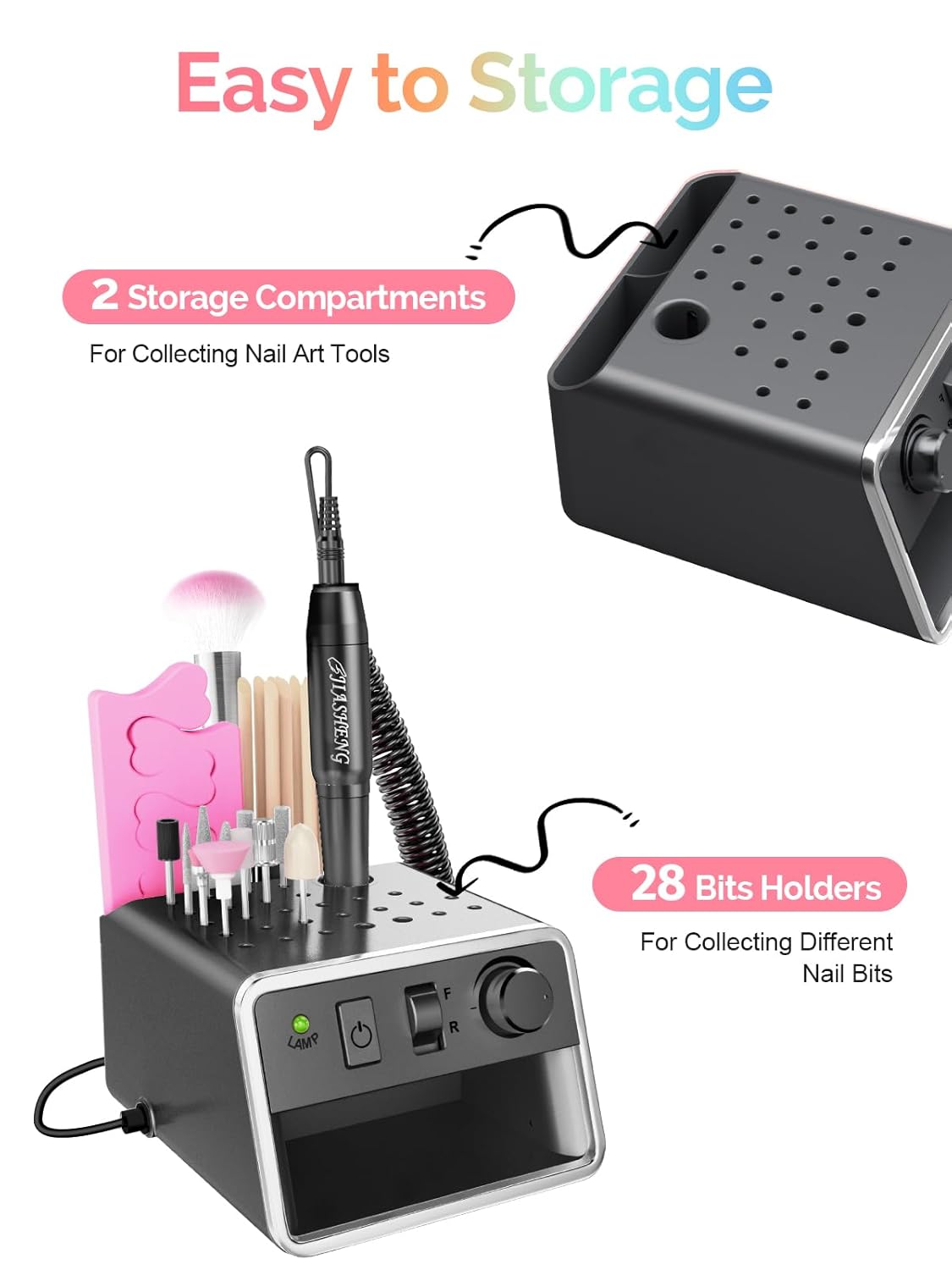 Professional Nail Drill with Storage Manicure Accessories Function, Electric Nail File for Acrylic Polish Gel Remover Fingernail Grinder Tools for Home Salon Use, Black