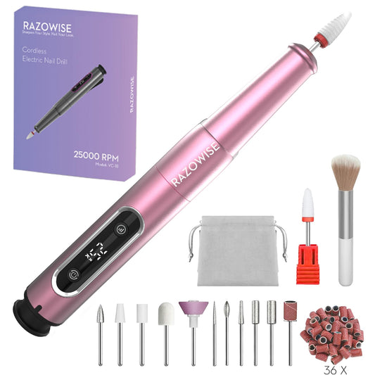 Portable Electric Nail Drill File 5 Speeds 12 in 1 with LED Display Rechargeable Professional Efile for Natural Acrylic Gel Powder Manicure Pedicure Nails, Pink