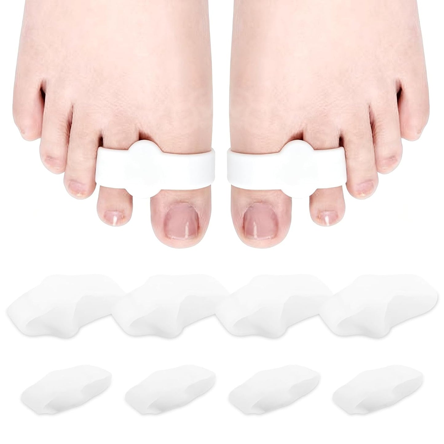 8 PCS Bunion Corrector & Toe Separators - 2 Loop Gel Toe Spacers for Women & Men, Soft Silicone Toe Straighteners, Soft Toes Spacers Corrector for Women Men Straighten Overlapping Toes(2 Size,White)