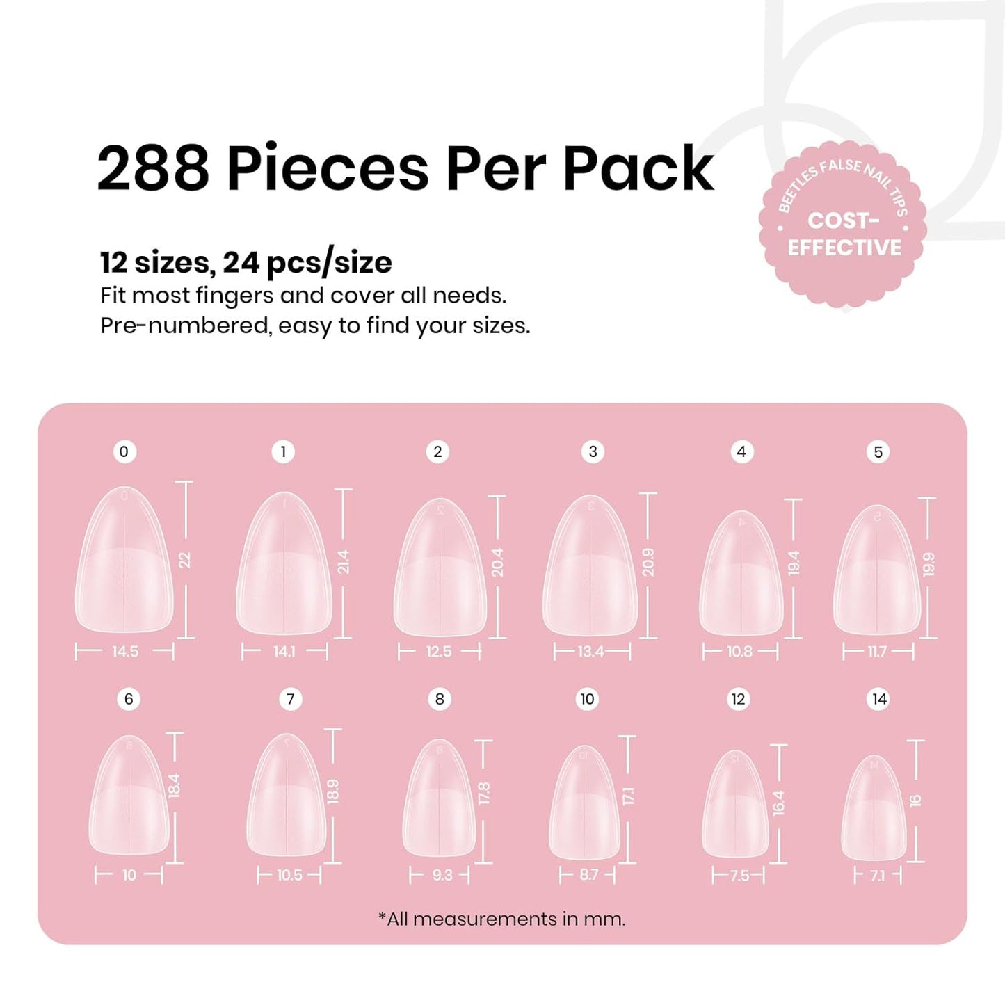 Beetles Short Almond Nail Tips - 288PCS 12 Sizes Full Matte Cover Pre-Etched & Pre-Shaped Soft Gel False Nail Tips Acrylic Nail Tips Nail Extension Tips for Gel Polish DIY Manicure