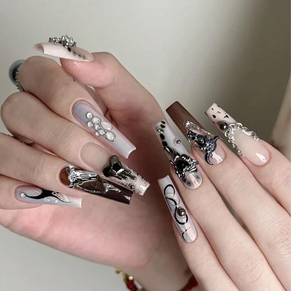 50PCS Bull Head Nail Charms, 3D Retro Alloy Nail Accessories Gold Silver Animal Designs Manicure Decorations for DIY Craft Making