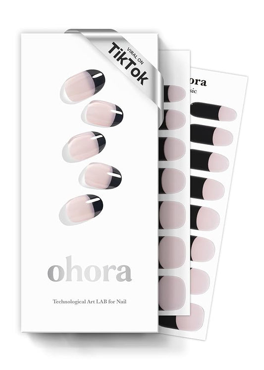 ohora Semi Cured Gel Nail Strips (N Chic French) - Black, French, Works with Any UV/LED Lamps, Salon-Quality, Long Lasting, Easy to Apply & Remove - Includes 2 Prep Pads, Nail File & Wooden Stick
