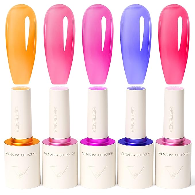 VENALISA 10 ML Jelly Gel Nail Polish Set with DIY Nail tips Kit, 5 Pcs Transparent Yellow Purple Red Gel Polish Color High Gloss Soak Off U V Nail Manicure Salon DIY