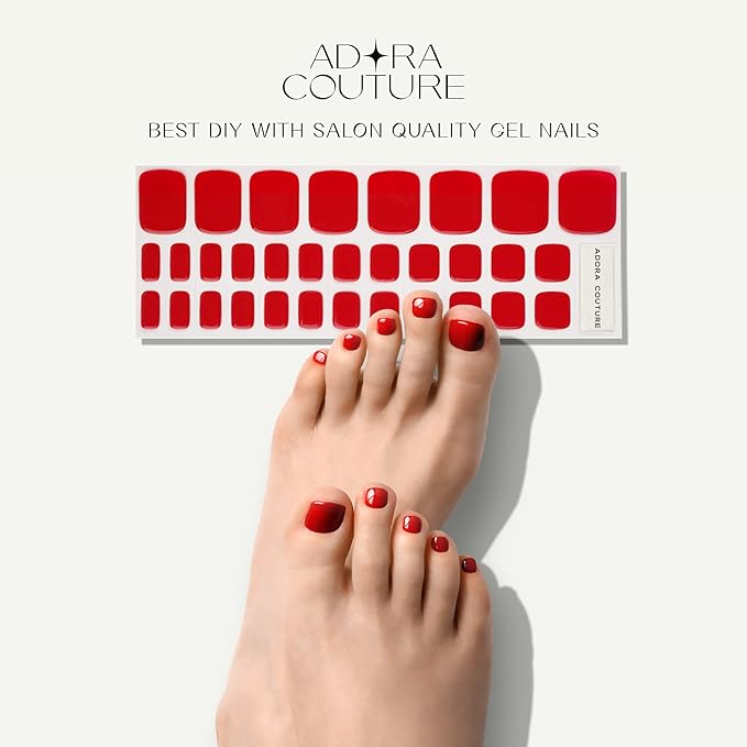 Semi Cured Gel Nail Strips - 32 pcs Gel Pedicure Stickers, Easy to Apply & Remove Toenail Stickers, Salon Quality at Home & Long Lasting - UV Nail Lamp Required - Red P
