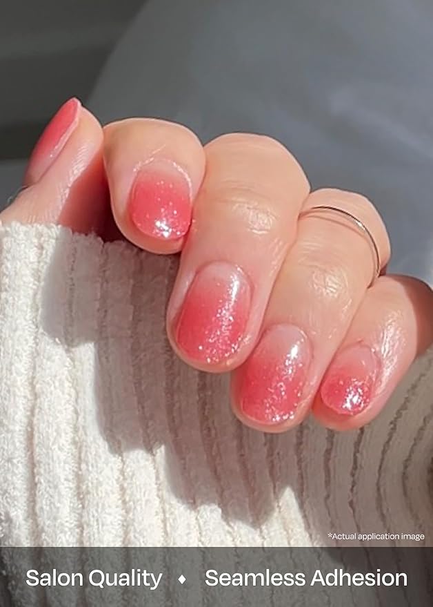 ohora Semi Cured Gel Nail Strips (N Rose Shower) - Pink, Works with Any UV/LED Lamps, Salon-Quality, Long Lasting, Easy to Apply & Remove - Includes 2 Prep Pads, Nail File & Wooden Stick