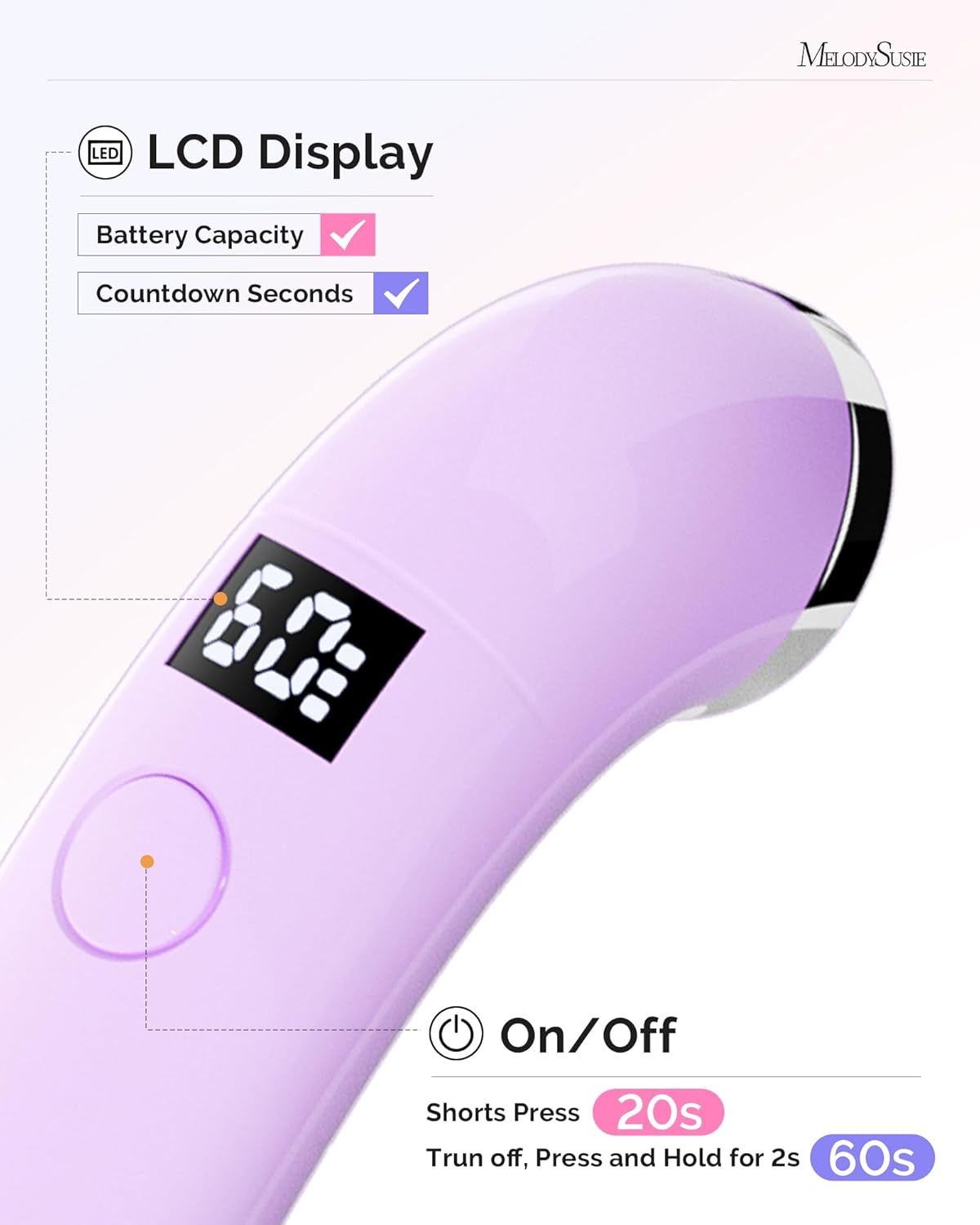 MelodySusie Handheld UV Light for Gel Nails, P-ART01A Cordless UV Nail Lamp with LCD Display& Ergonomic Design, Rechargeable LED Light Flash Cures Soft Gels, Rhinestone Glue & Liner Gel, Purple
