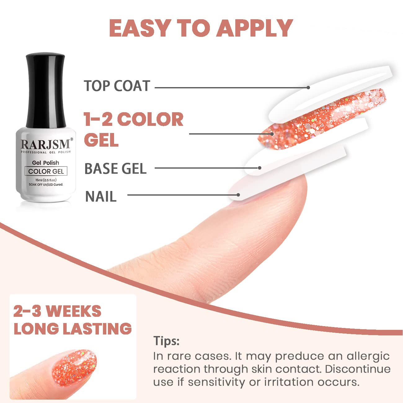 RARJSM Glitter Gel Nail Polish Sparkly Peachy Pink Holographic Iridescent Gelpolish Chunky Soak off L e d U V Curing Required Long Lasting High Pigments for Home Salon Manicure Nail Art 15ml