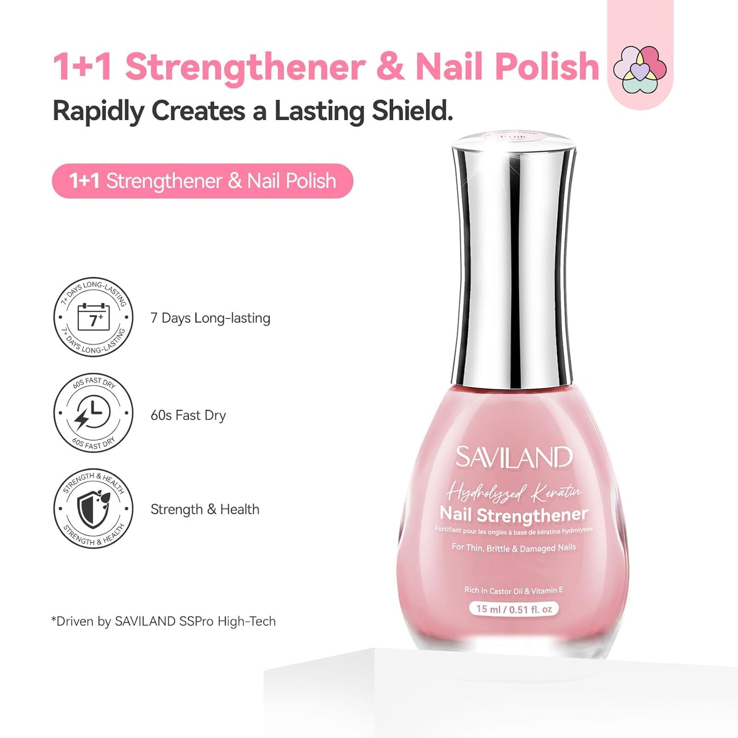 SAVILAND Nail Strengthener: Sheer Pink Natural Concealer Foundation Polish Air Dry Nail Growth for Damaged Nails Repair Weak & Thin Nails Nail Care with Castor Oil & Vitamin E 15ml Women Gift