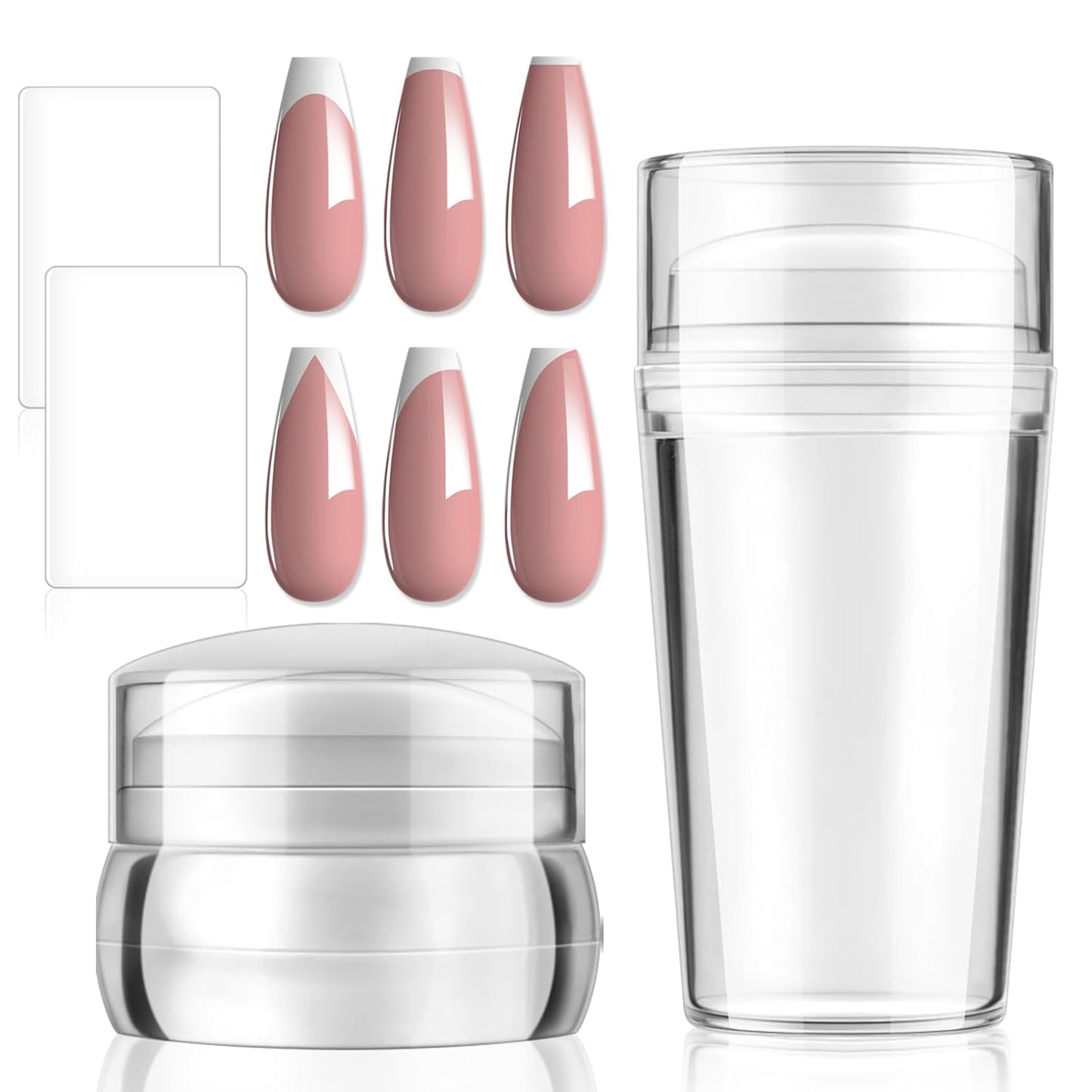 French Tip Tool- 4 Pcs Nail Stamper Kit Clear Silicone Nails Stamping Long & Short Jelly Stamper with Scrapers Nail Printing Tool for French Manicure Home DIY Nails Art Salon