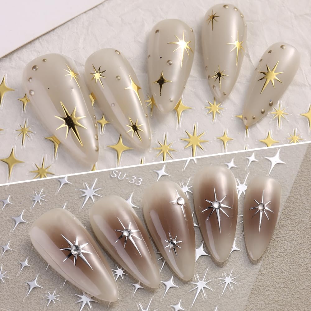 4 Sheets Starlight Star Nail Stickers 3D Glitter Shiny Purple Gold Silver Laser Stars Nail Art Designs Self-Adhesive Nail Decals for Women Girls DIY Manicure Decoration Supplies