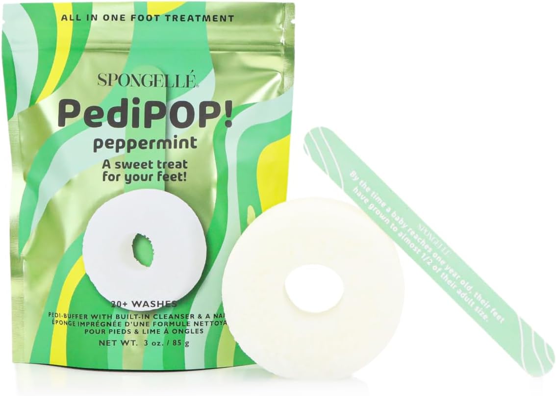 Spongellé Peppermint PediPOP! Pedi Buffer & Nail File | All-in-One Pedicure Treatment | Exfoliates, Softens & Cleanses | 30+ Washes | Vegan & Cruelty-Free