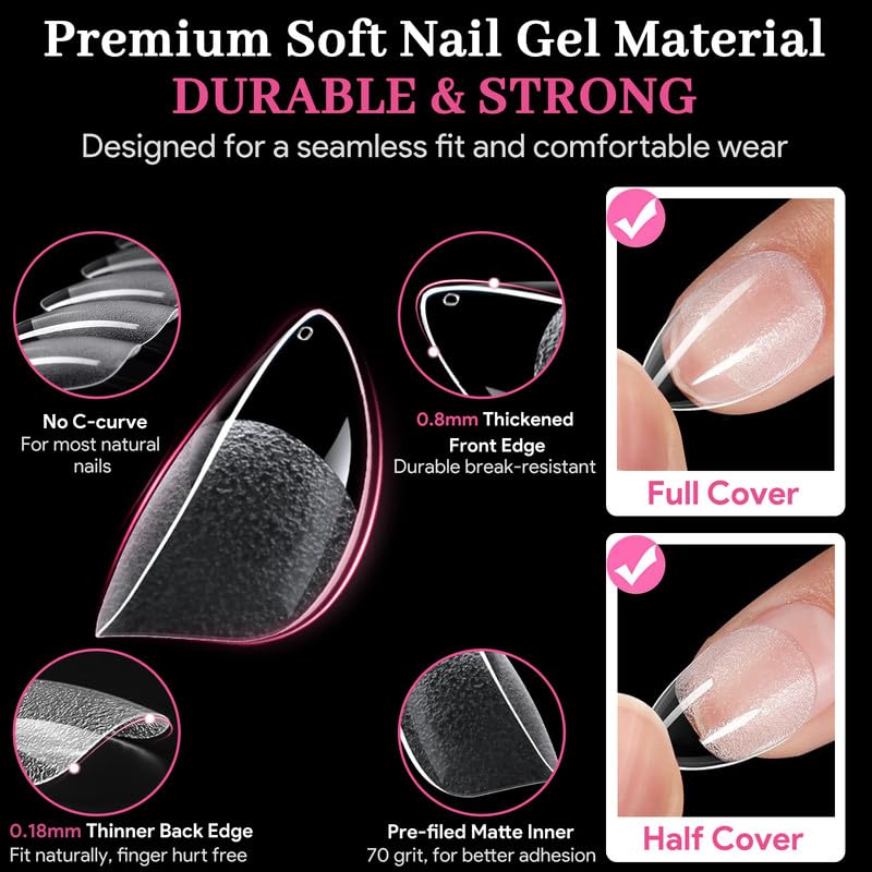 Short Water-drop Fake Nail Tips, 15 Sizes 240 PCS Clear Half Matte Press On False Nail Tips Soft Full Cover Gel Nail Tips Extensions Strong Thick Long Lasting for DIY Beginners & Salon Manicure