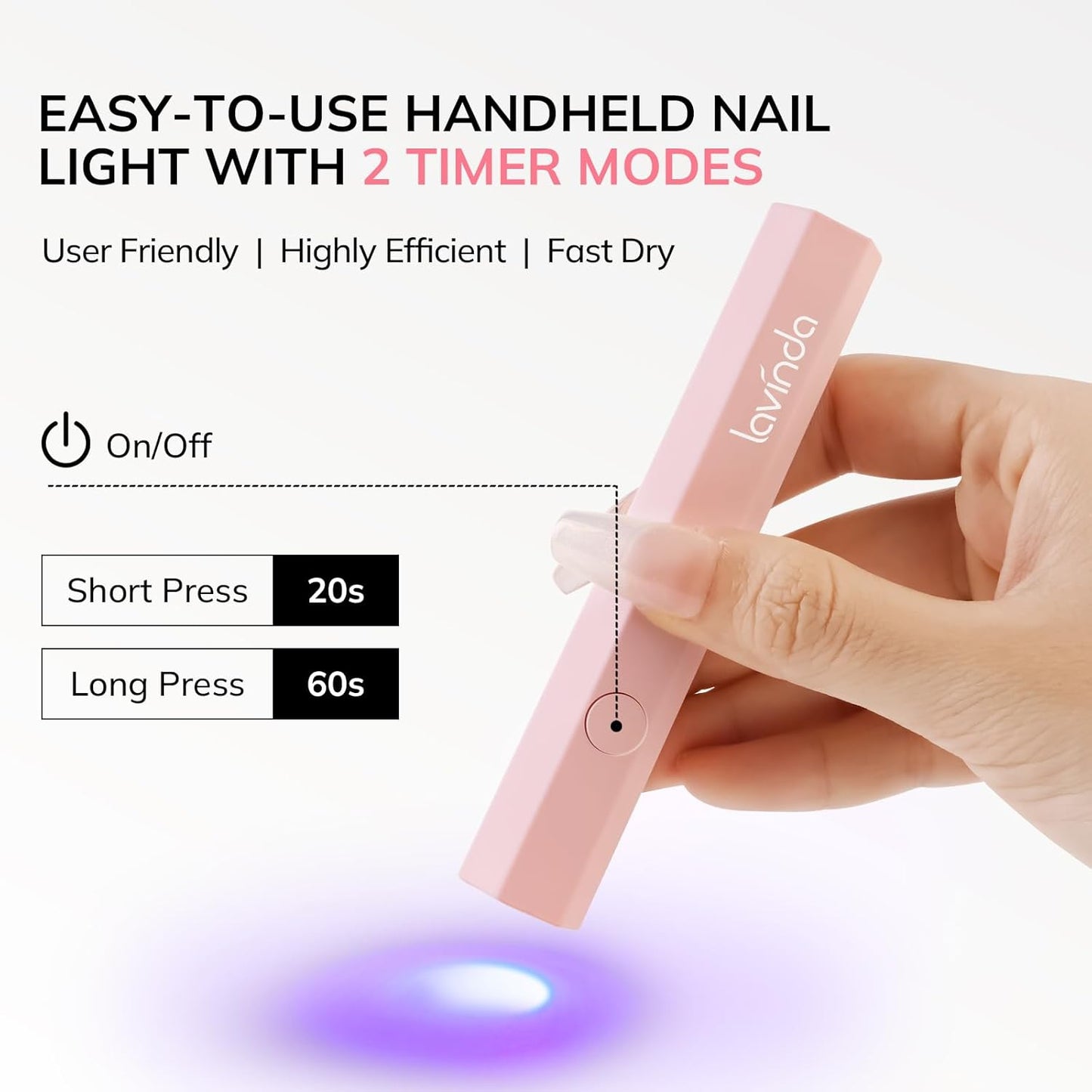 Lavinda Handheld UV Light for Gel Nails, Mini Nail Lamp, Portable Cordless Rechargeable UV Led Nail Lamp Nail Dryer for Fast Curing Gel Polish USB Flashlight for Home DIY Manicure