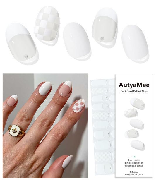 Semi Cured Gel Nail Strips (White Checkered), French, 20 Pcs Gel Nail Wraps, Stickers, UV Light Required, Salon Quality, Long Lasting
