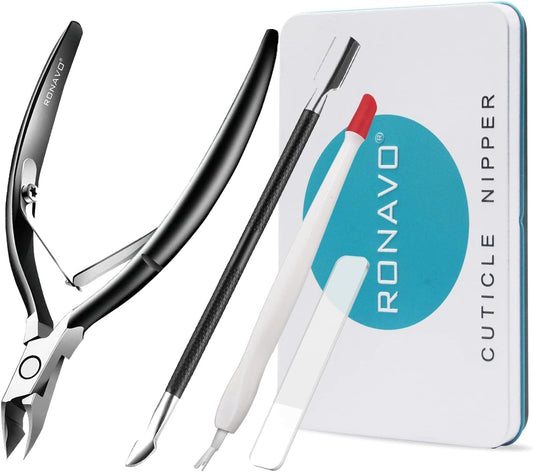 Cuticle Trimmer with Cuticle Pusher, RONAVO Cuticle Remover Stainless Steel Professional Cuticle Nipper, Durable Pedicure Manicure Tools (Matte Black)